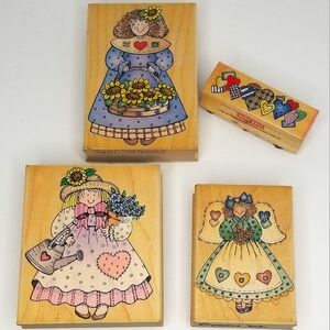 Hero Arts Vintage 90s Four Piece Country Gal/Girl Wooden Rubber Stamps Lot